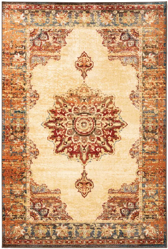 Julliette 5 x 7 Sunset Red， Pumpkin Orange， and Blue Rug