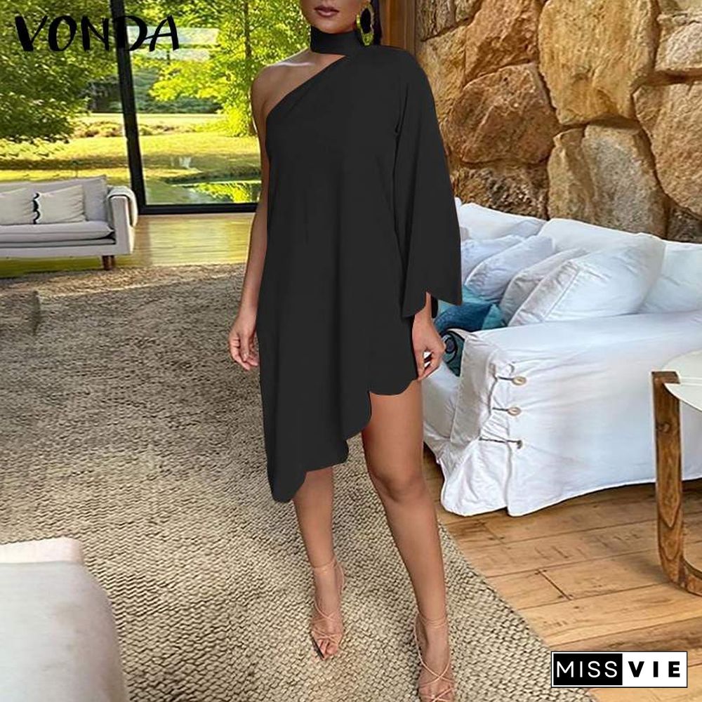 Elegant Office Dress VONDA Women Party Dress Casual Solid Stylish Mini Dresses Beach Sundress Femme Robe