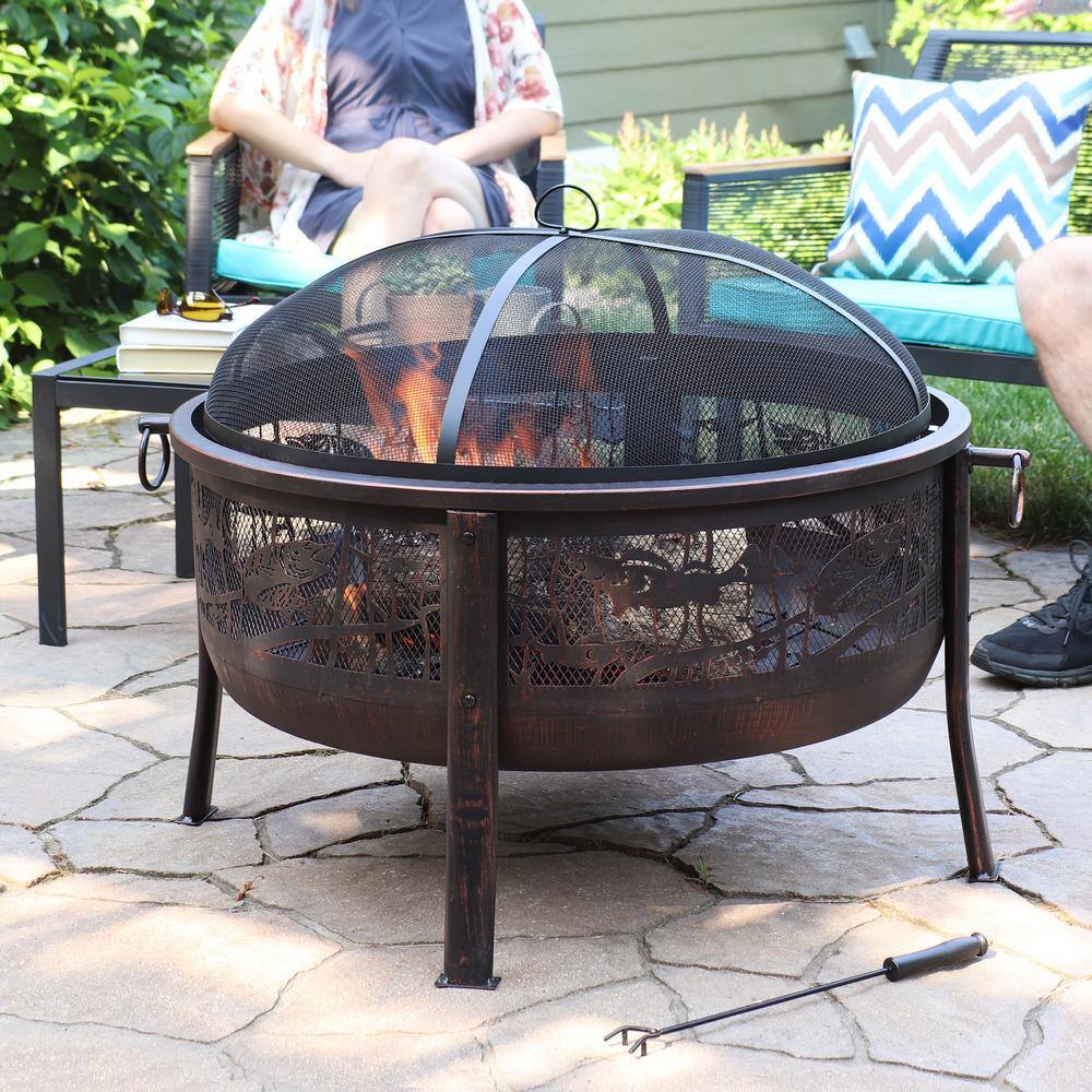 Sunnydaze Decor 30 in. x 25 in. Steel Northwoods Fishing Wood Burning Fire Pit with Spark Screen KF-NFFP31