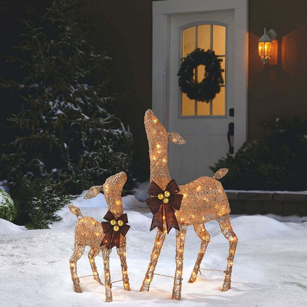 Noma 3 Ft Pre Lit Led Light Up Warm Incandescent Golden Glitter Doe And Fawn Outdoor Or Indoor Holiday Lawn Decoration Set Gold With Red Bows