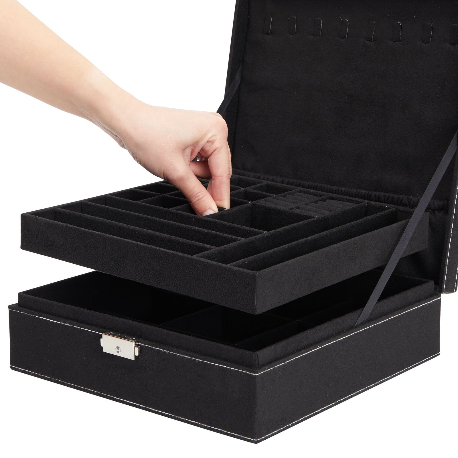 Black Jewelry Box with Lock and Key, 2 Layer Travel Display Case and Storage Organizer with Removable Tray for Men and Women, 10.5 x 10.5 x 3.5 in