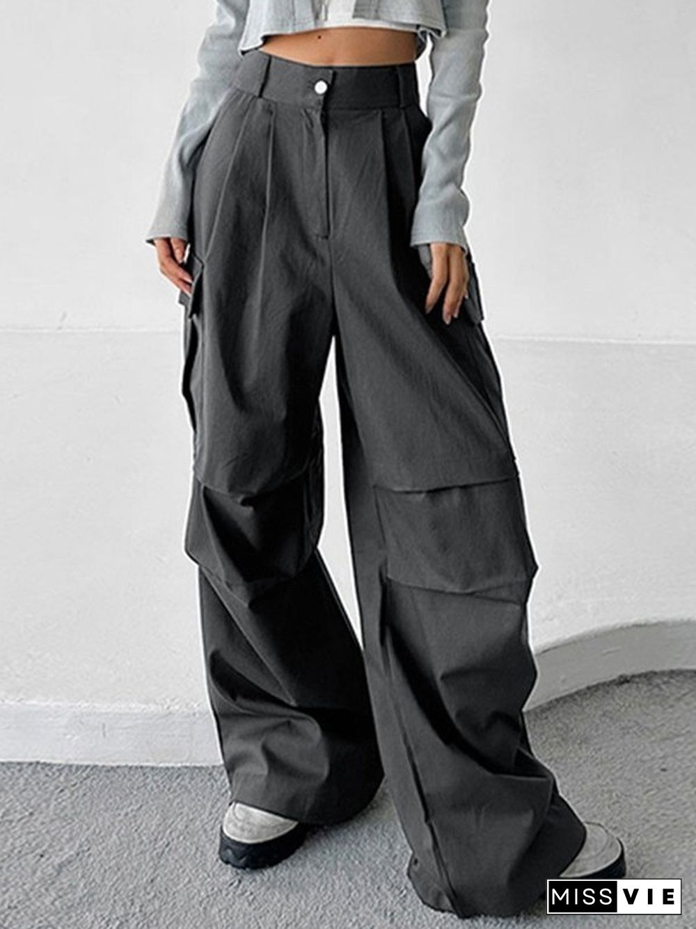 Street Pleated Large Pocket Cargo Straight Leg Pants