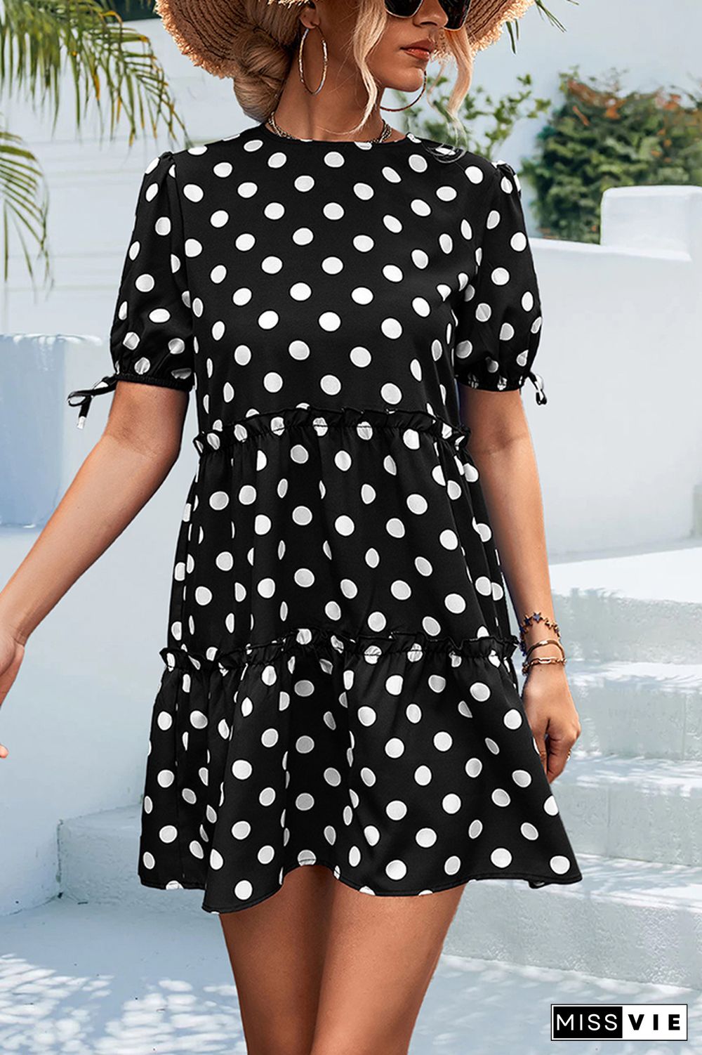 Polkadot Short Sleeves Splicing Ruffle Dress