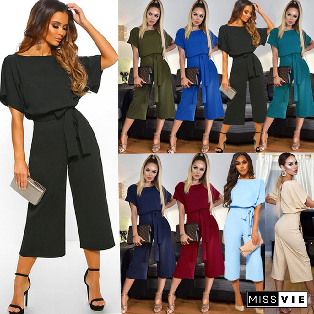 Women Casual Wide Leg Solid Color Business Wear Short Sleeve Jumpsuit