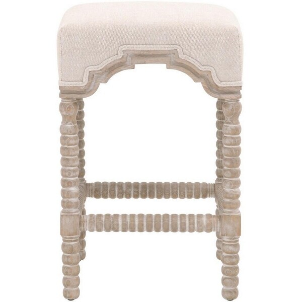 Turned Wooden Frame Padded Stool， Beige and Brown