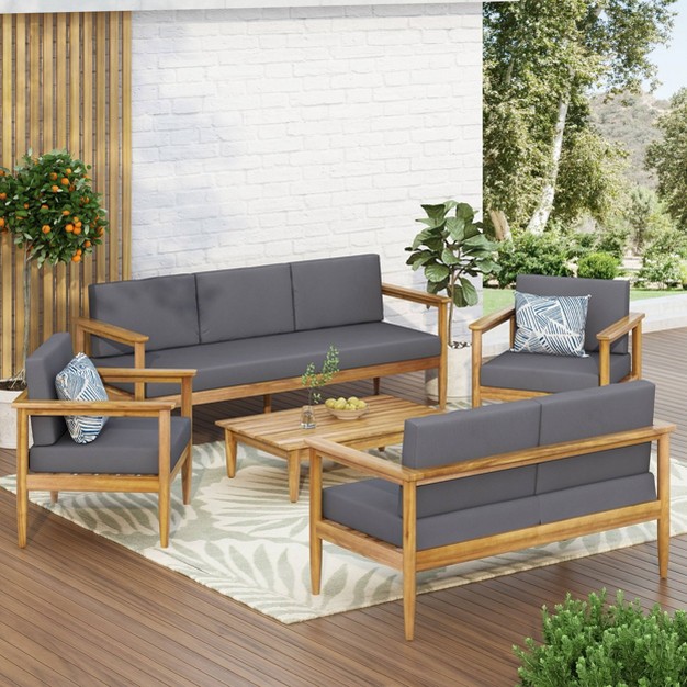 5pc Magnolia Patio Acacia Wood 7 Seater Chat Set Teak dark Gray Christopher Knight Home