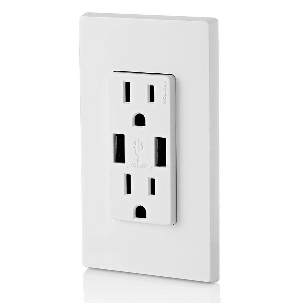 Leviton 3.6A USB Dual Type A In-Wall Charger with 15 Amp Tamper-Resistant Outlets White R02-T5632-0BW