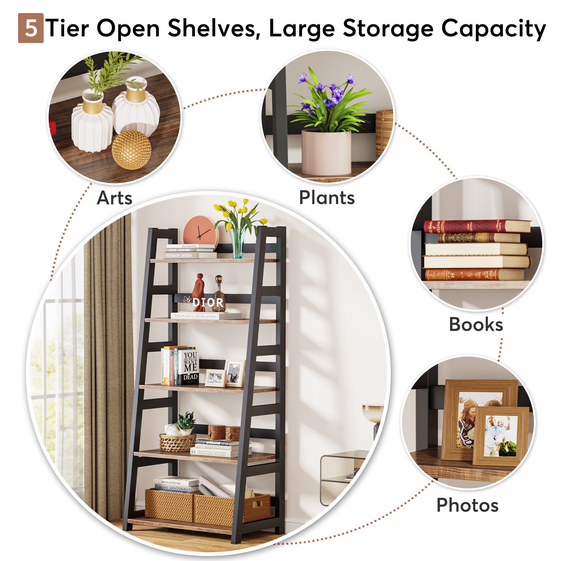 5-Tier Bookshelf, Ladder Bookcase Etagere Storage Shelf