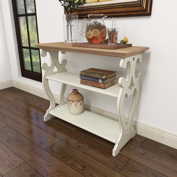 White or Black Wood Scroll Side Frames 2 Shelves Console Table with Brown Wood Top 38