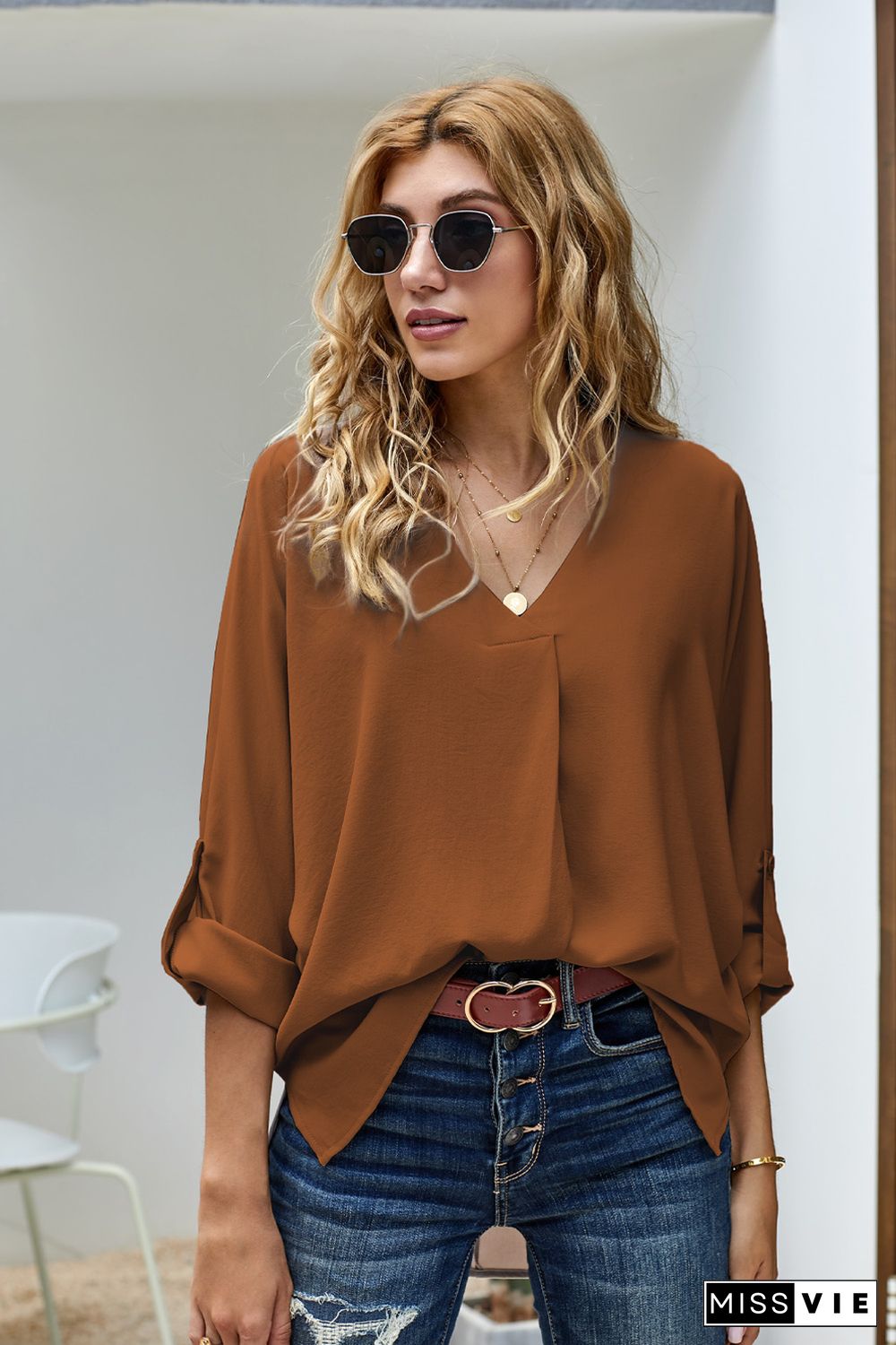 Brown V Neck 3/4 Sleeve High Low Hem Shirt