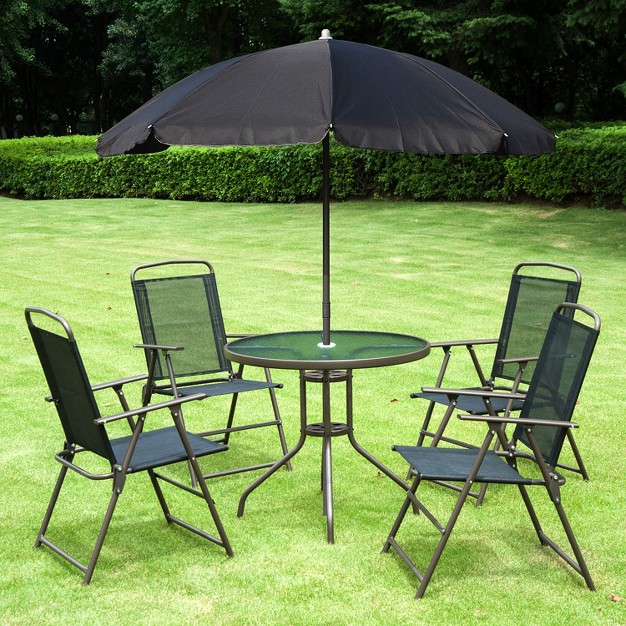 Outsunny 6 Piece Patio Dining Set For 4 With Umbrella 4 Folding Dining Chairs amp Round Glass Table For Garden Backyard And Poolside