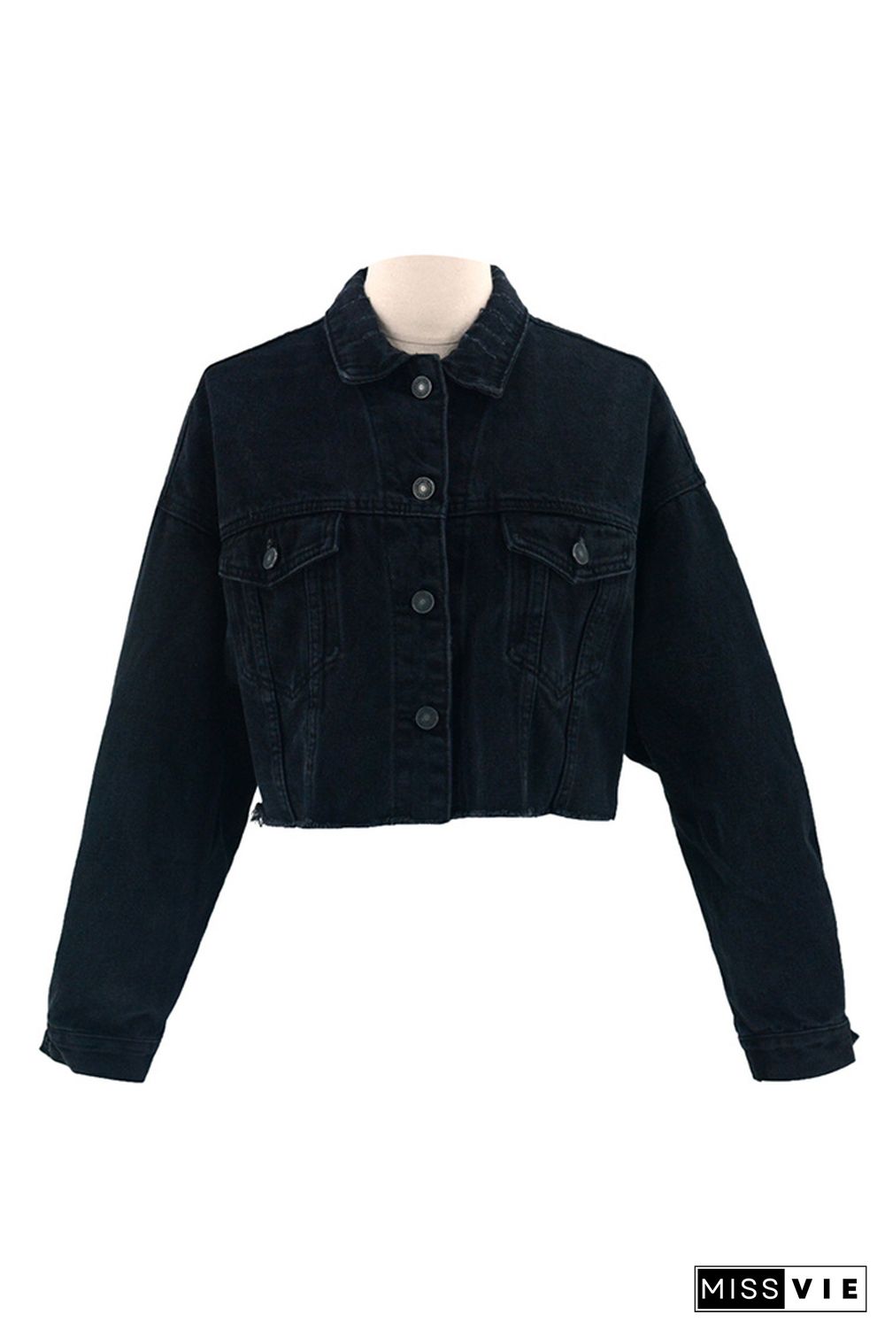 Buttons Front Raw Hem Crop Denim Jacket Women Wholesale