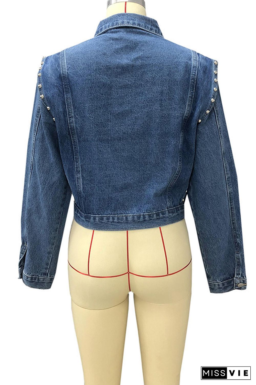 Turn Down Collar Beading Button Closure Denim Jacket Women Wholesale