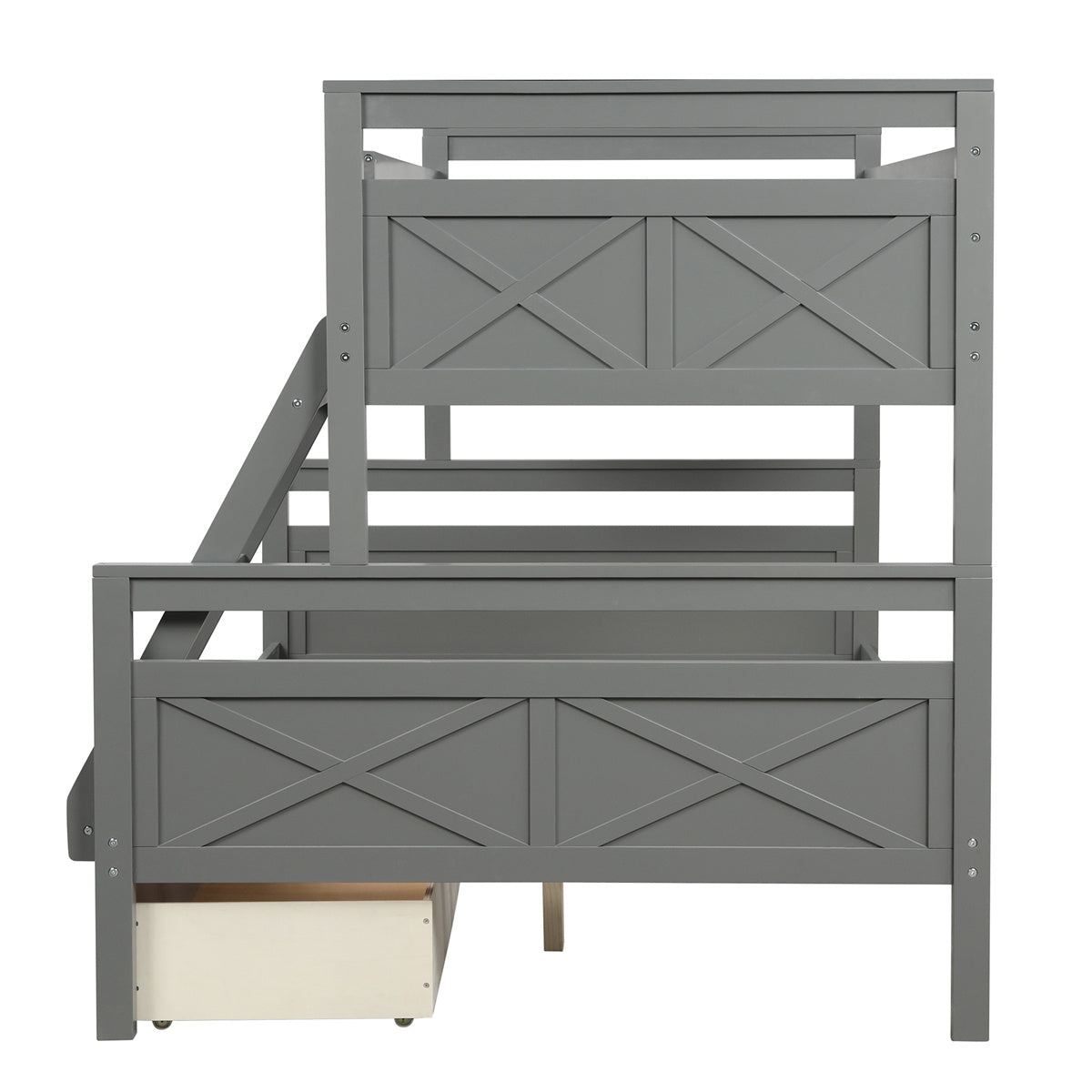 Twin Over Full Bunk Bed with Two Storage Drawers, Pine Wood Bed Frame and Guardrails and Ladder for Kids and Teens Trundle, Grey