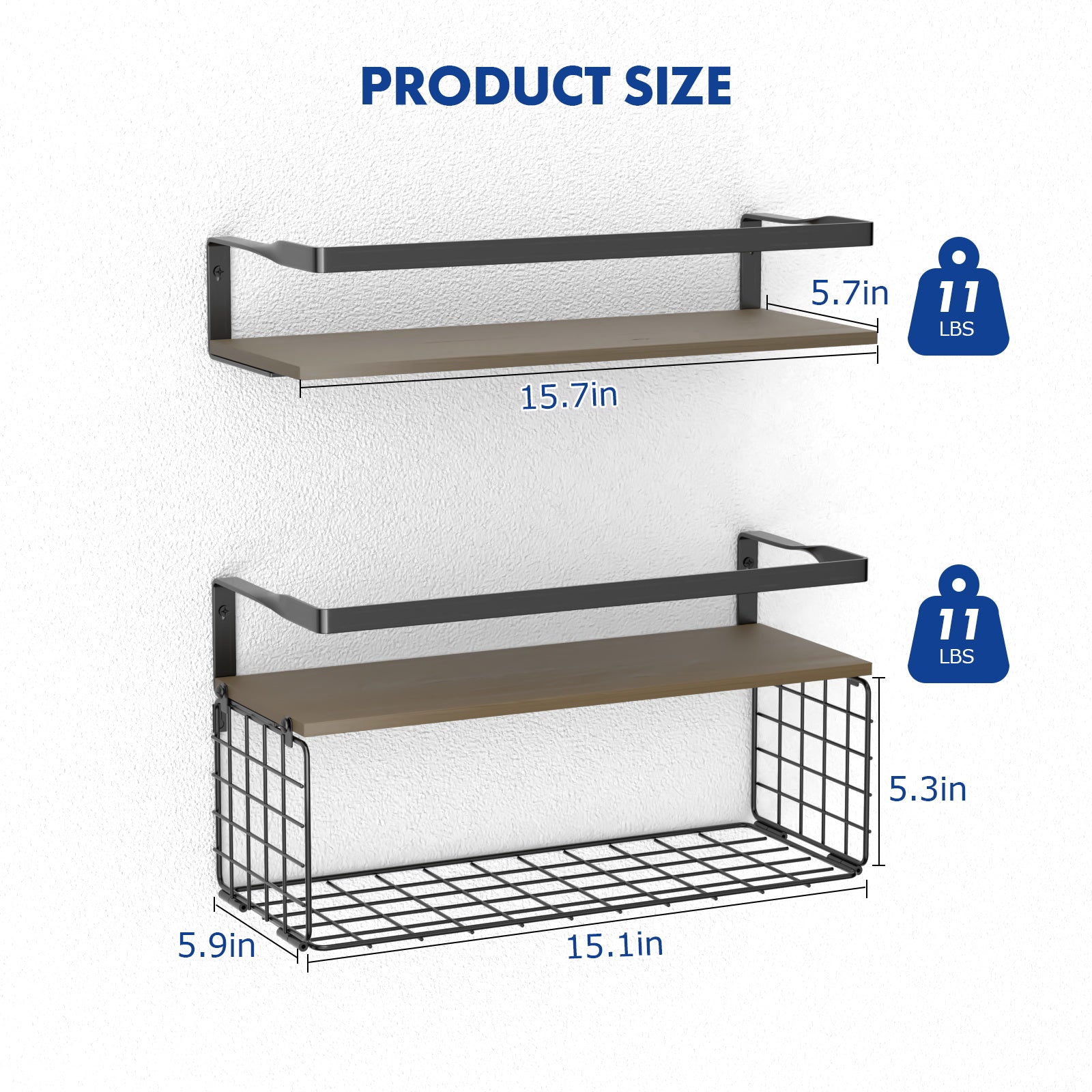 SUSIMOND 15.7 inch Floating Shelves Wood with Metal Storage Basket, Set of 2 Wall Shelves for Bedroom, Bathroom, Floating Wall Whelves, Wood Shelves for Wall, Floating Storage Shelves for Home Decor