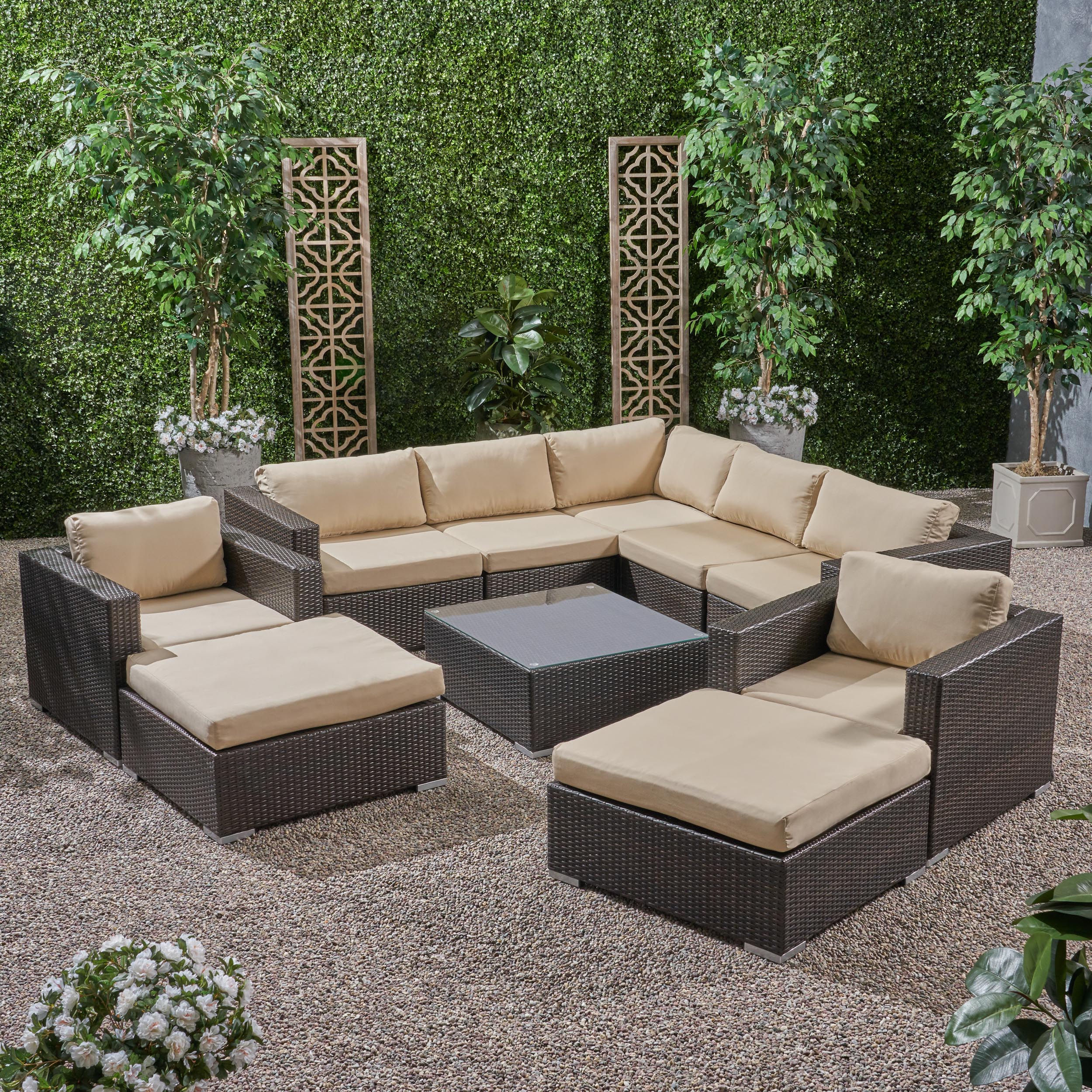 Kyra Outdoor 7 Seater Wicker Sectional Sofa Set with Sunbrella Cushions