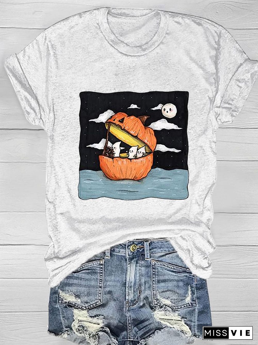 Ghost Pumpkin Boat Print T-Shirt