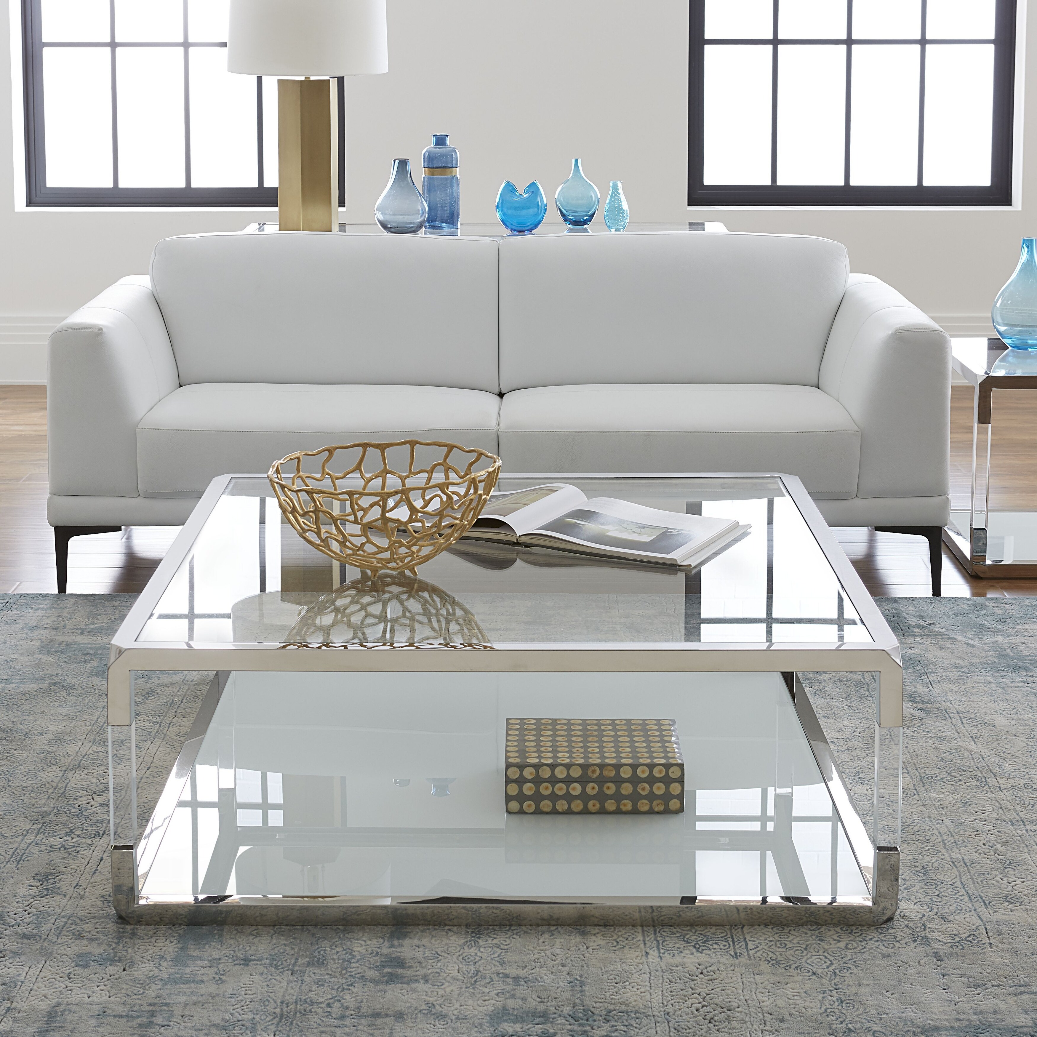 Jasper Square Coffee Table in White Glass and Polished Stainless Steel