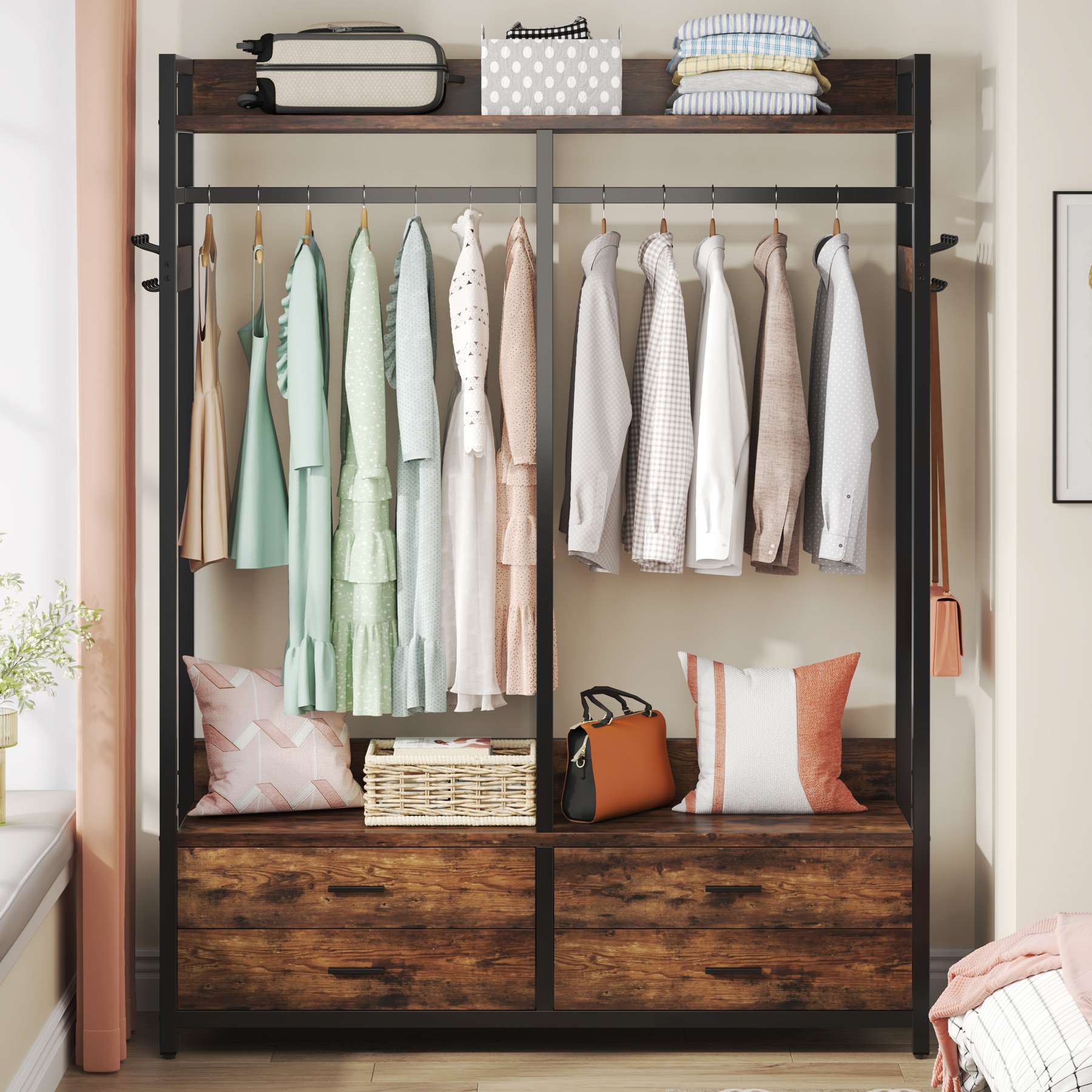 Freestanding Closet Organizer, Garment Rack with Drawers & Shelves