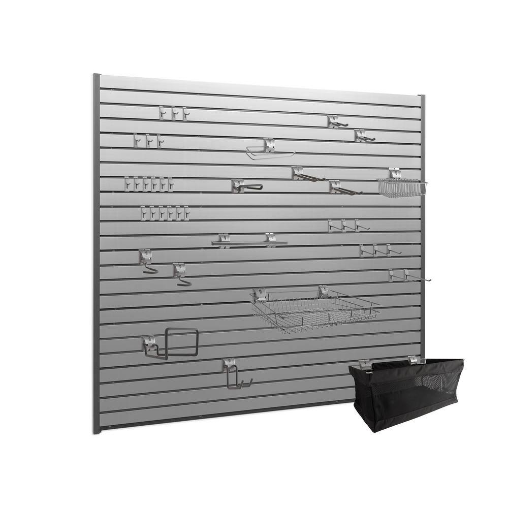 NewAge Products 71.75 in. H x 80 in. W PVC Slat Wall Panel Set in Silver with 40-Piece Accessory Kit (40 sq. ft.) 51605