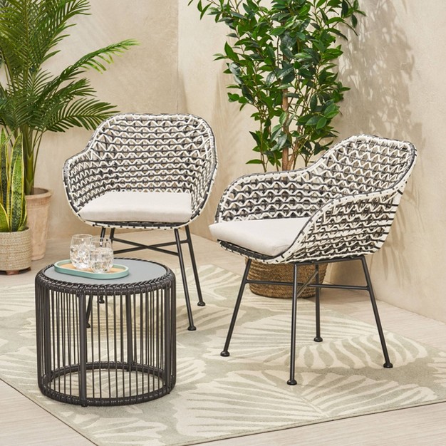 Neblett 3pc Patio Wicker Chat Set White beige black Christopher Knight Home