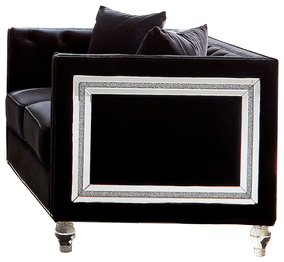 Benzara BM286333 Wood Tuxedo Sofa  Button Tufted  Mirror Accent  Black Velvet   Eclectic   Sofas   by Uber Bazaar  Houzz