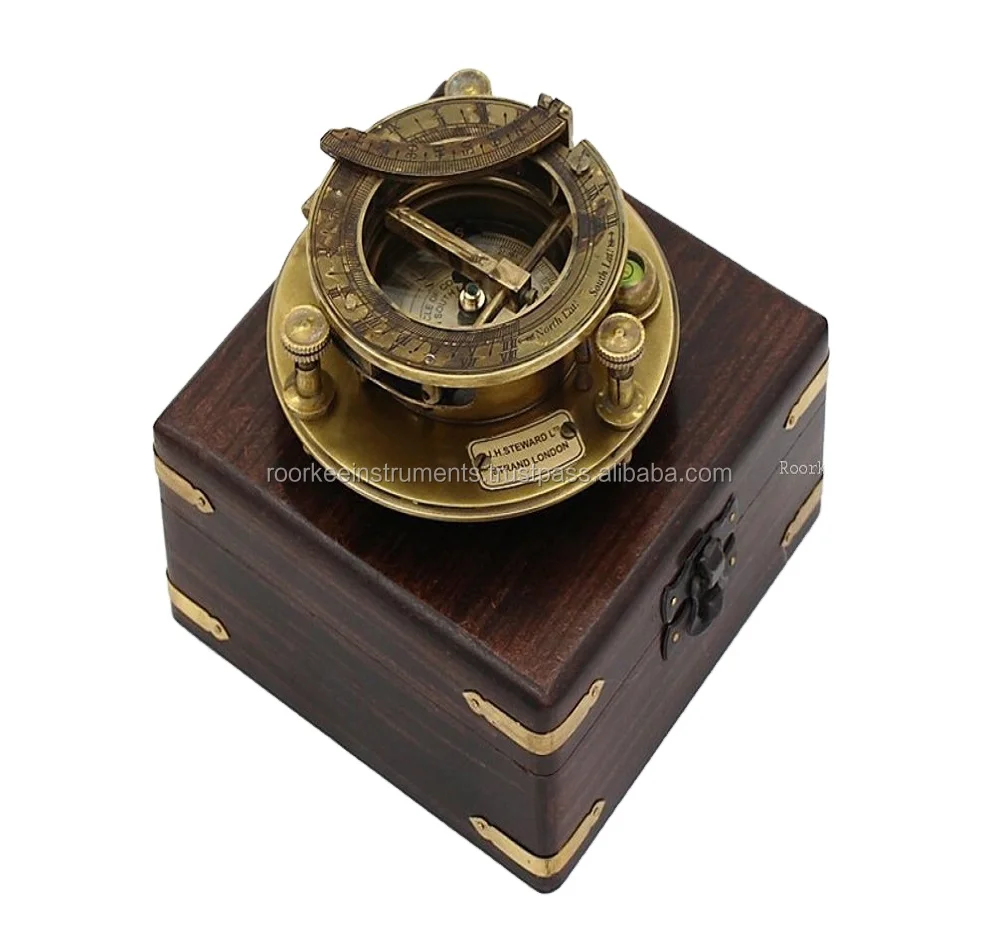 Vintage Brass Compass with Wooden Box/J.H. Steward Directional Magnetic Compass /Sundial Pocket Compass f