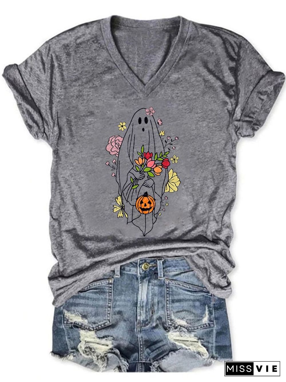 Women's Casual Ghost Art Printed Short Sleeve T-Shirt