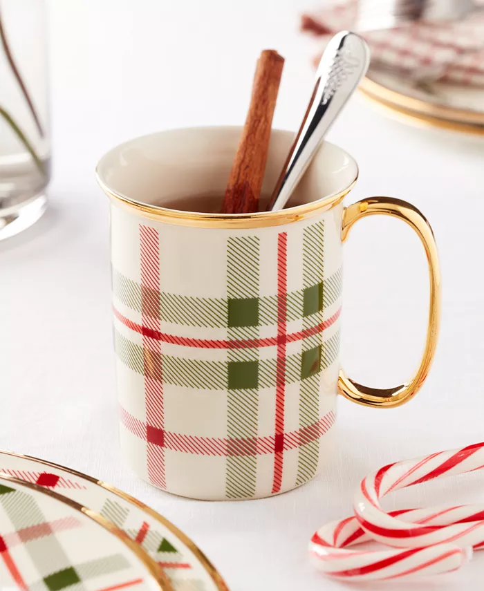 Lenox Holiday Plaid Gold-Trimmed Porcelain Mugs Set Of 4