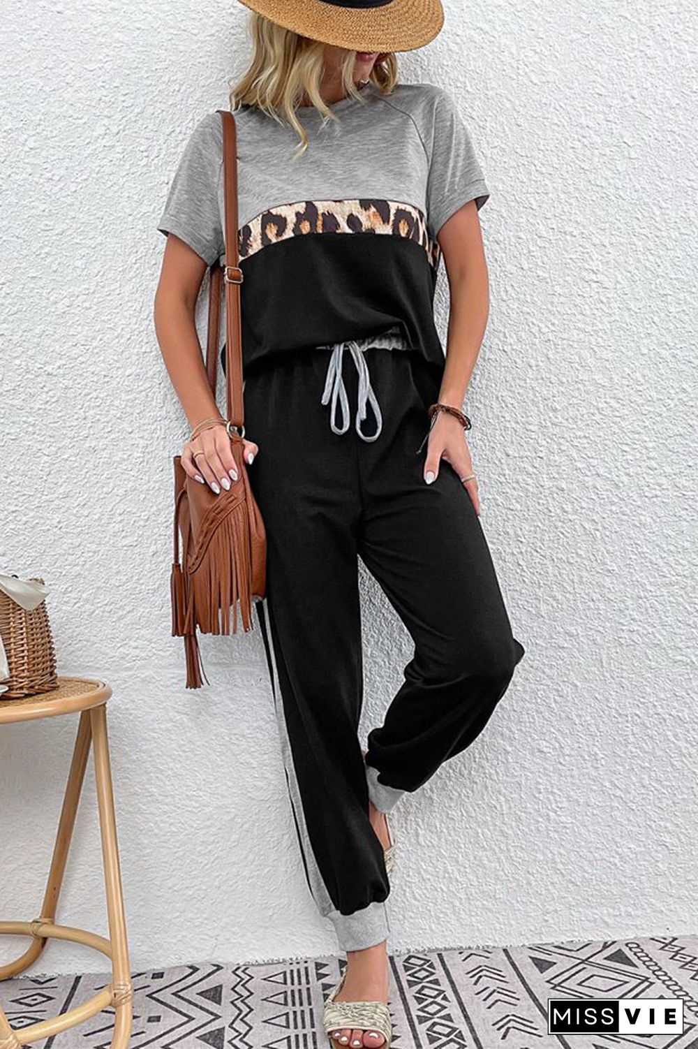 Color Block Splicing Leopard 2pcs Pant Set