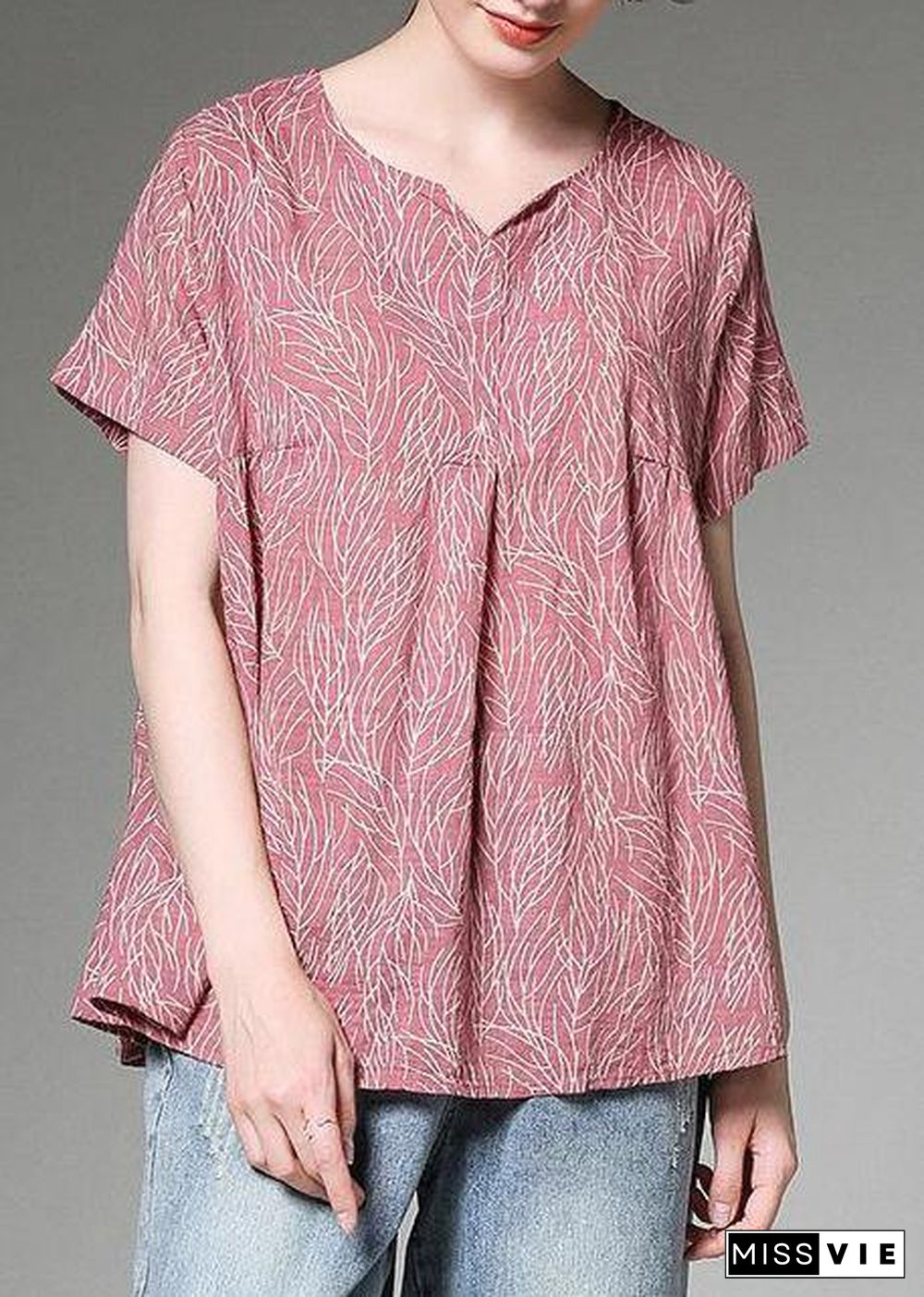 Classy linen clothes For Women Fashion Split Neck red Printed Pleated Short Sleeve T-Shirt