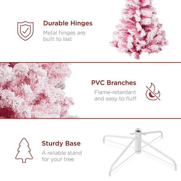 Prelit Pink Christmas Tree，Snow Flocked Holiday Decor w/ Metal Base