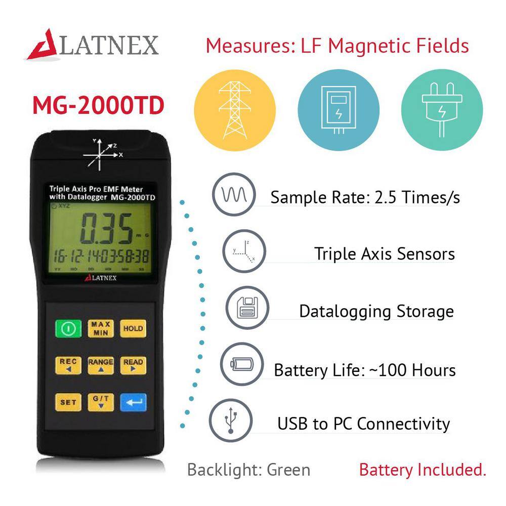 LATNEX MG-2000TD Triple Axis Pro EMF Meter with Datalogger MG-2000TD