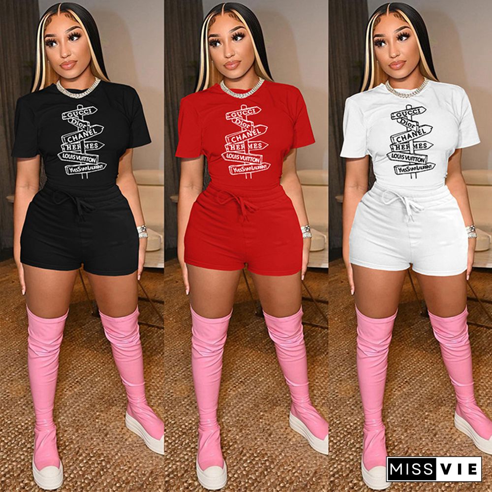 Letter Print Pullover T Shirts and Shorts Set