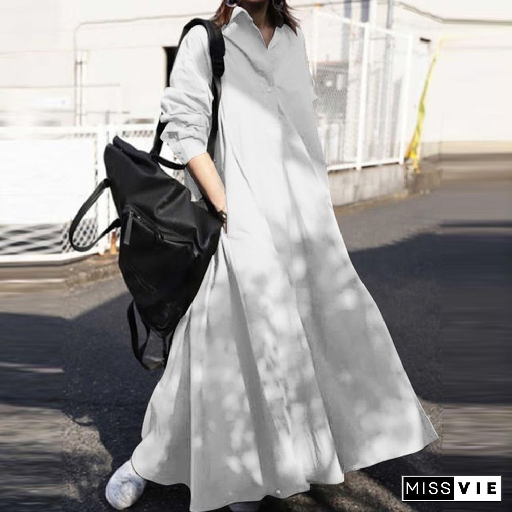 Women Turn-Down Collar Long Sleeve Shirt Dress Loose Plain Maxi Blouse Dresses