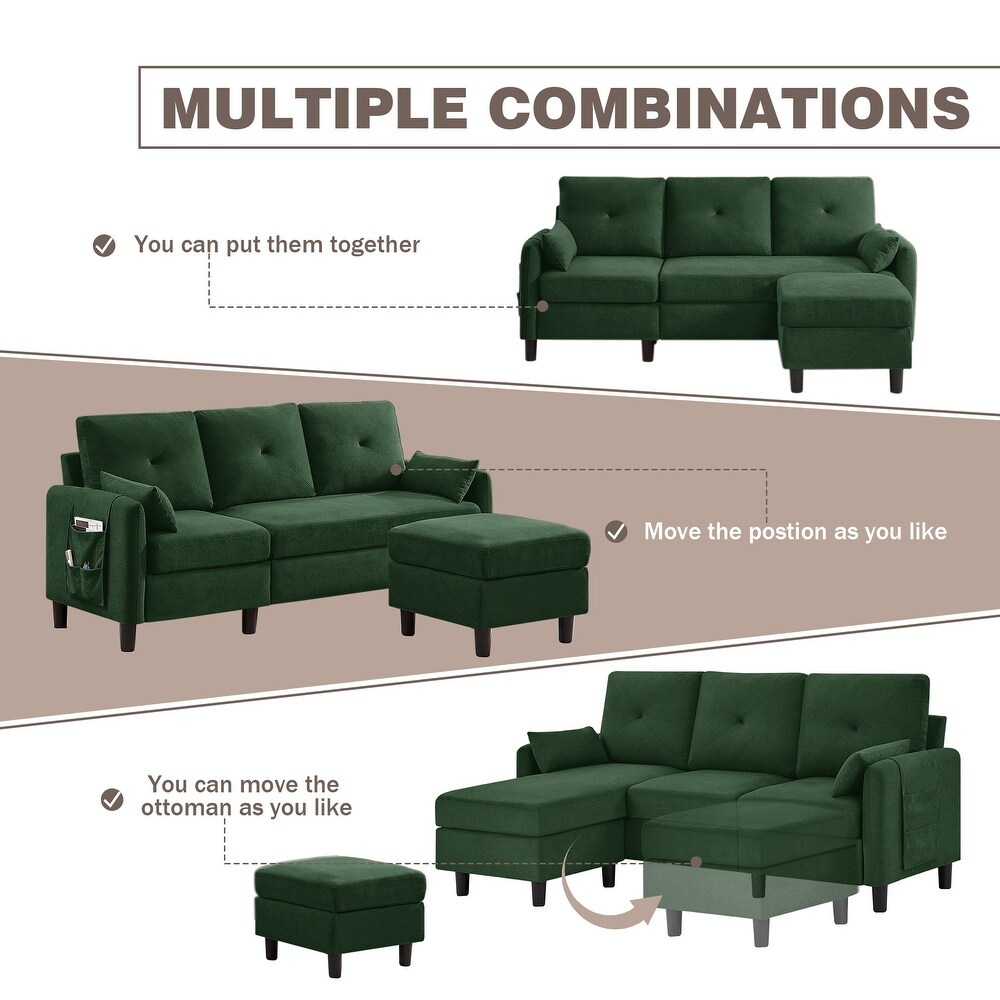 77.36 Inches Modern Sectional Sofa with Reversible Ottoman and Side Storage Pocket