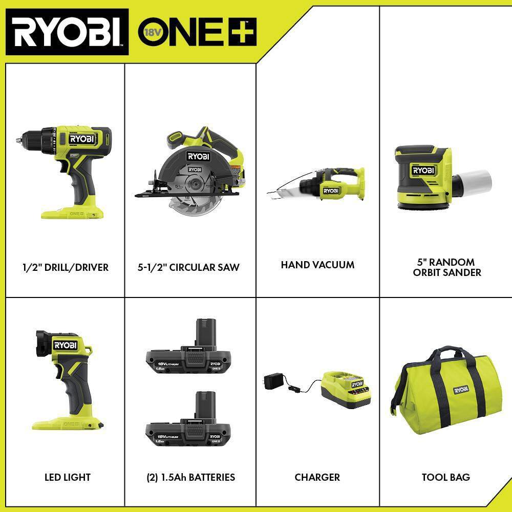 Ryobi ONE+ 18V Cordless 5-Tool Combo Kit with (2) 1.5 Ah Batteries Charger and Tool Bag PCL1503K2