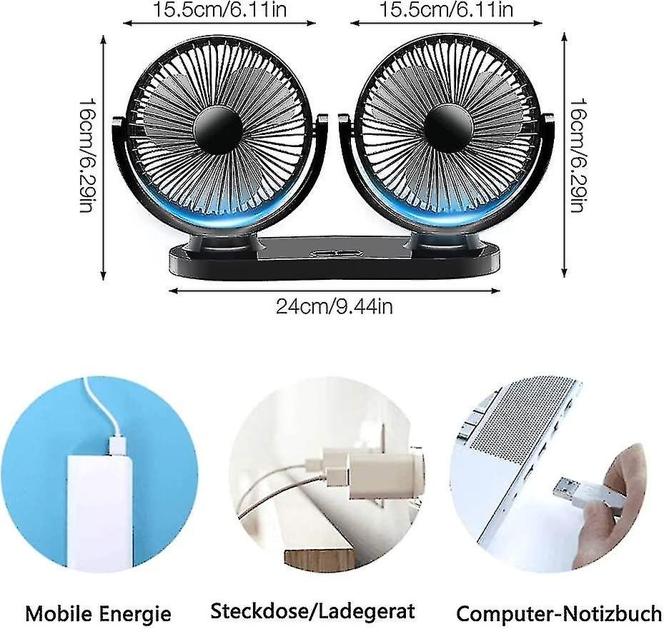 Car Fan， Quiet Usb Fan， 12v Double Head Fan， Mini Fan， 360 Rotation With 3 Speeds