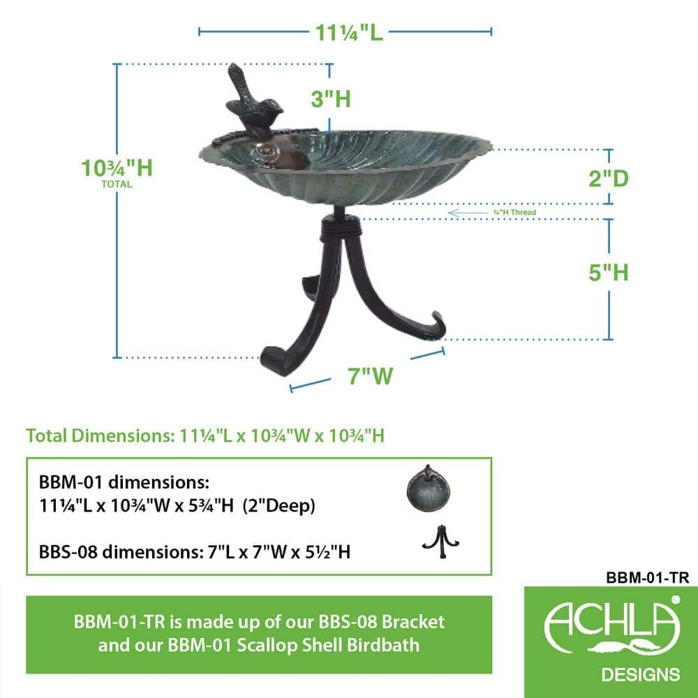 Achla Designs 10.75 in. Tall Antique Brass Plated Scallop Shell Birdbath with Tripod Stand BBM-01-TR