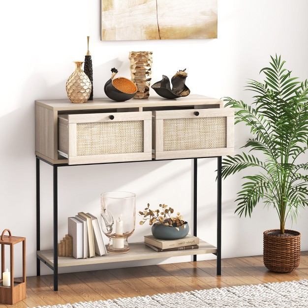 Tangkula Console Table Entryway Table Long Sofa Side Table W Open Shelf amp Rattan Drawers