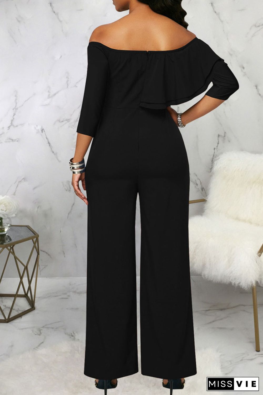 Black Casual Solid Patchwork Flounce Off the Shoulder Straight Jumpsuits