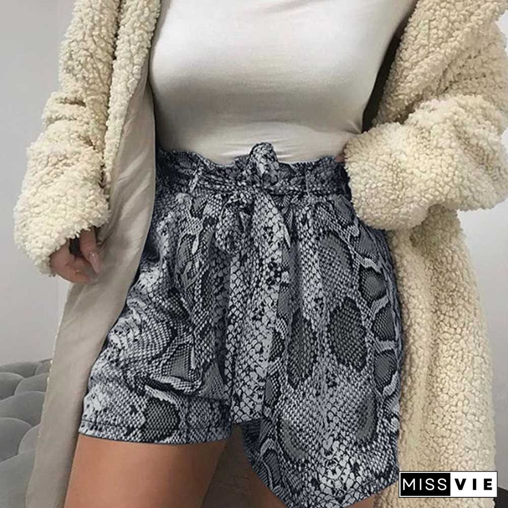 Retro Tie Waist Snake Print High Waisted Paperbag Shorts