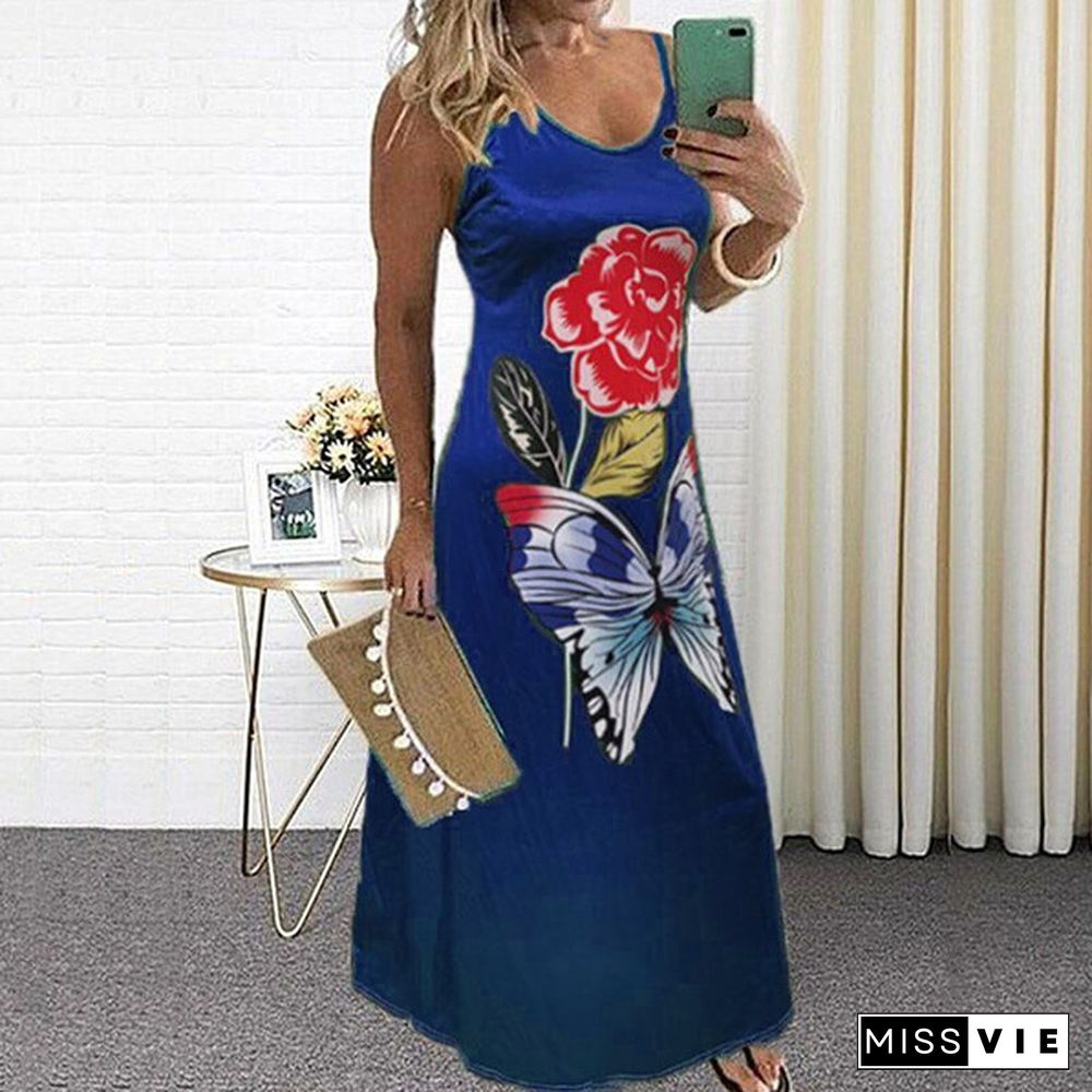 New Plus Size Fashion Women's V-neck Sleeveless butterfly Printing Dress Summer Beach Party Loose Casual Long Skirt Dress S-5XL