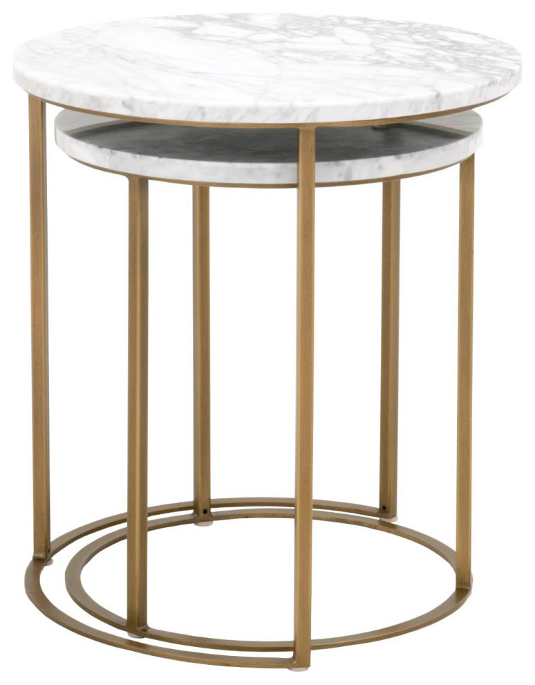 Carrera Round Nesting Accent Table White Carrera Marble  Brushed Gold   Contemporary   Coffee Table Sets   by Sideboards and Things  Houzz