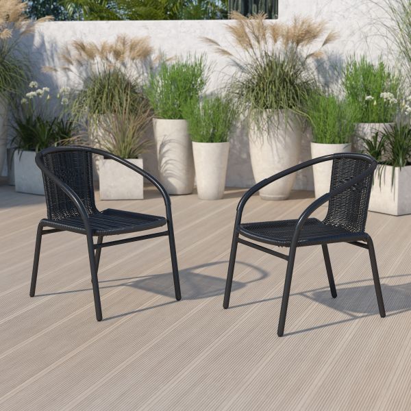 Lila 2 Pack Black Rattan Indoor-Outdoor Restaurant Stack Chair