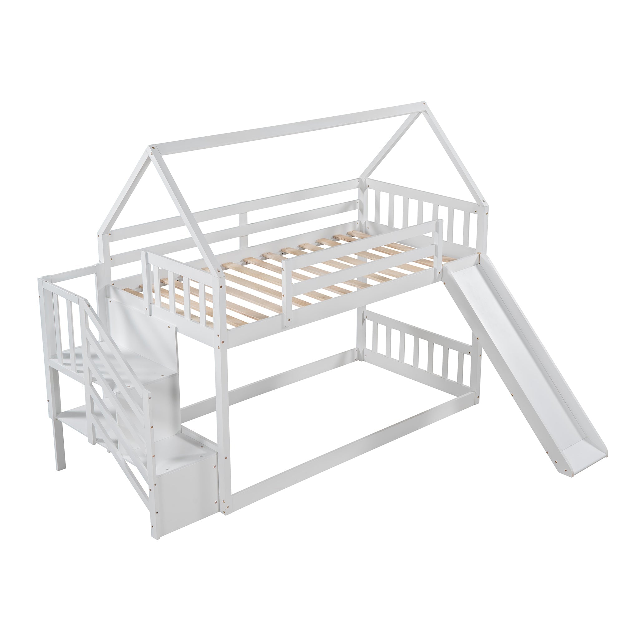 EUROCO Twin over Twin House Bunk Bed with Staircase for Kids Bedroom, White