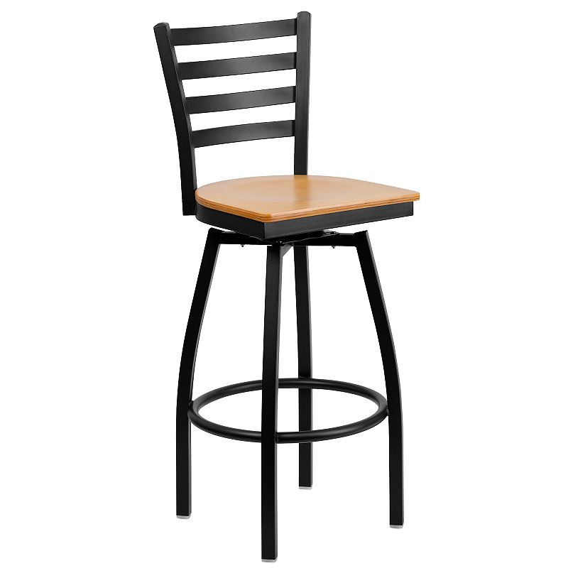 Emma and Oliver Black Metal Ladder Back Swivel Barstool， Cherry Wood Seat