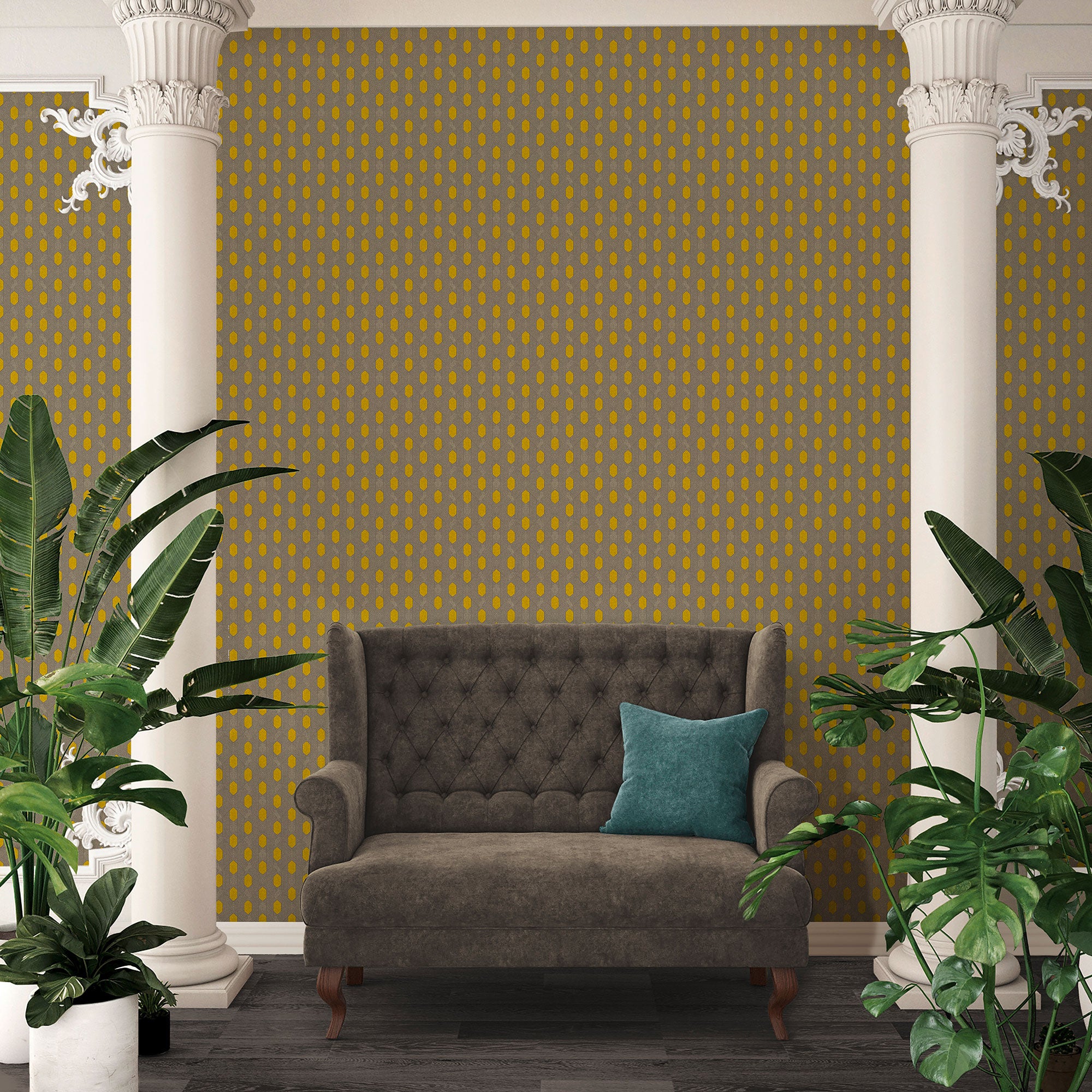 Art Deco Style Geometric Motif Wallpaper in Brown/Yellow/Grey from the Absolutely Chic Collection