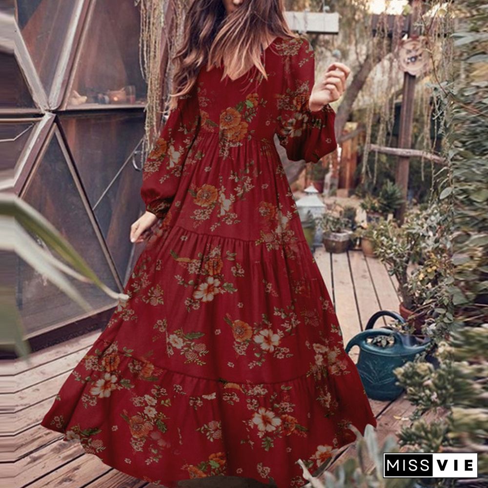 Zanze Women Crew Neck Long Sleeve Floral Print Muslim Dress Maxi Dress Plus Size Baggy Oversize Swing Party Dresses