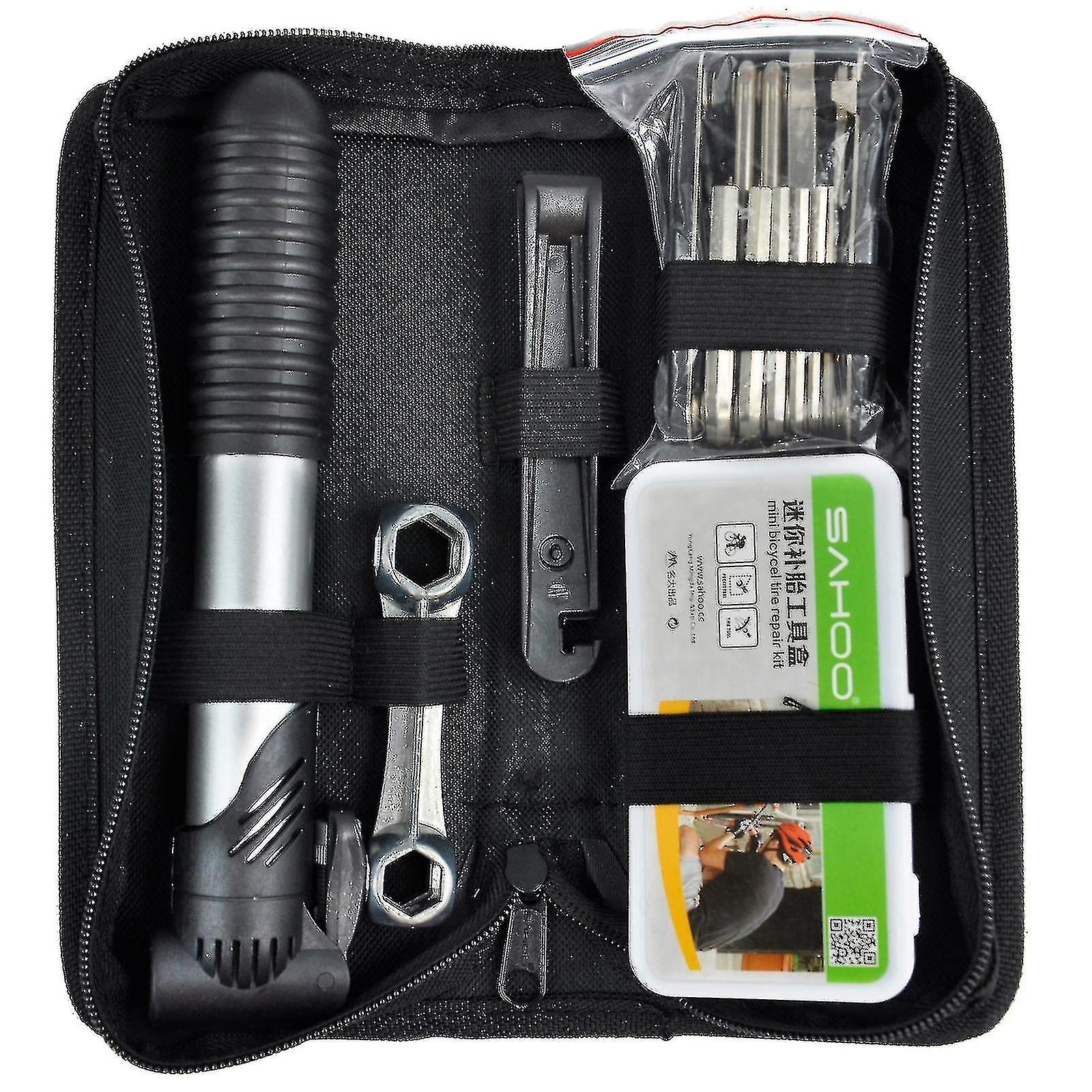 Bike Tool Kit With Puncture Repair And Hand Pump 16 Piece Set Cyclist Maintenance Travel Set